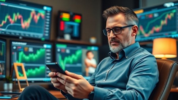 Middle-aged investor analyzing stock metrics in office setting.