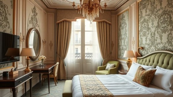 Luxurious Parisian hotel room decor with cream and green tones