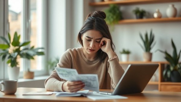 Young woman stressed about bills at home, connection between money and mental health.