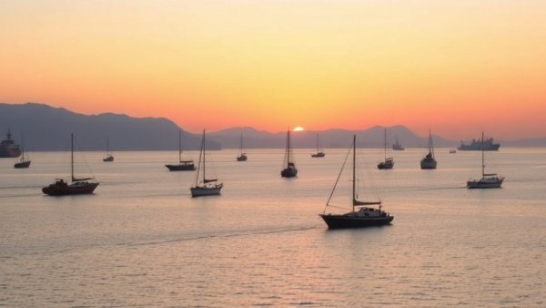Seascape with ships in the Strait of Hormuz at sunset, highlighting Iran-US tensions.