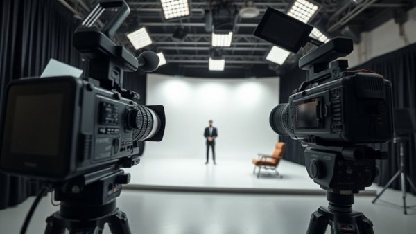 Modern TV studio setup with camera equipment.
