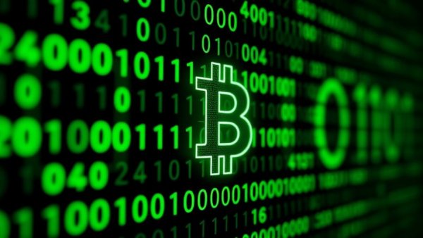 Futuristic binary code and Bitcoin symbol representing digital currency.