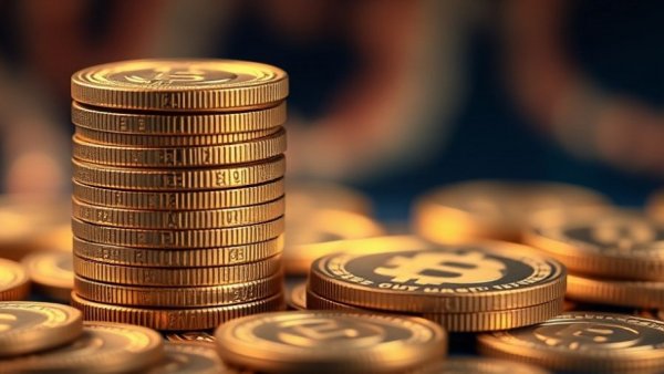 Close-up of digital coins symbolizing geopolitics and financial power.