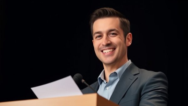 Confident executive man smiling at podium, Berkshire Hathaway growth discussion.