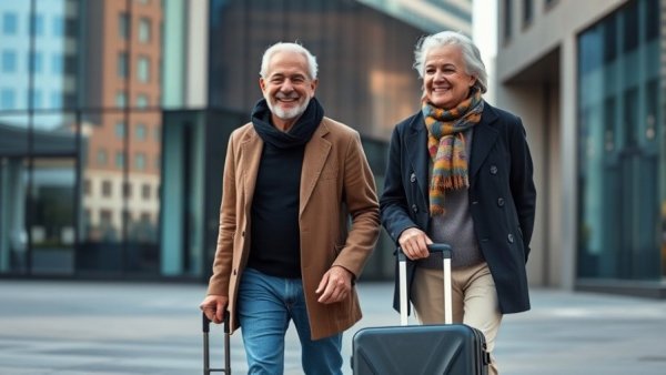 Senior couple traveling in city, highlighting best travel insurance for seniors.