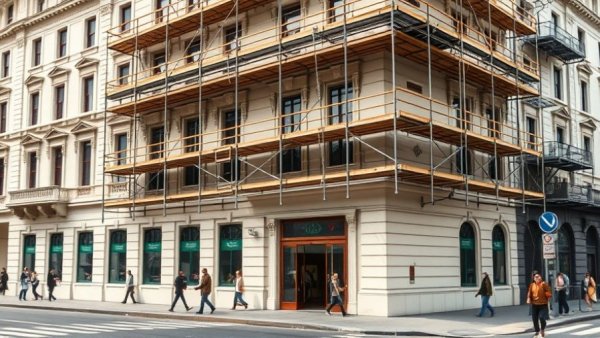 UK historic building with scaffolding and pedestrians.