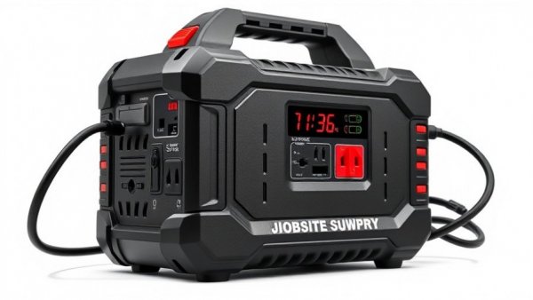 Battery-powered jobsite power supply in sleek red and black design.