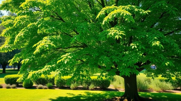 Lush green tree casting shadows in a park, showcasing air spading benefits.
