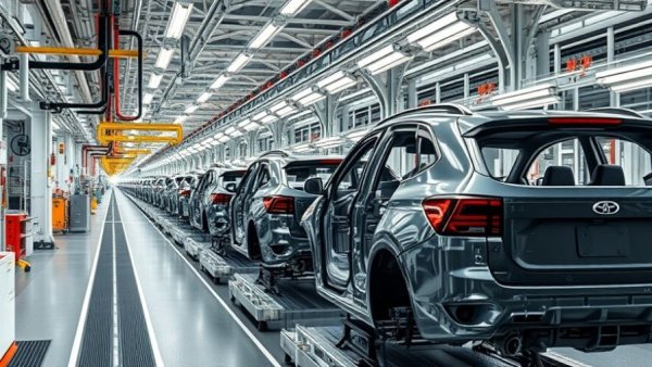 High-tech automotive assembly line showcasing SUV manufacture in progress.