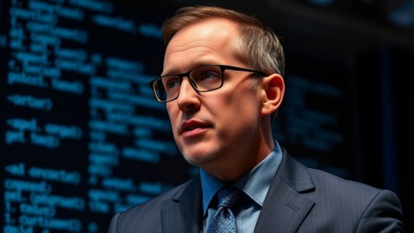 Business presentation by a man on stage with digital backdrop, buy sell business event.