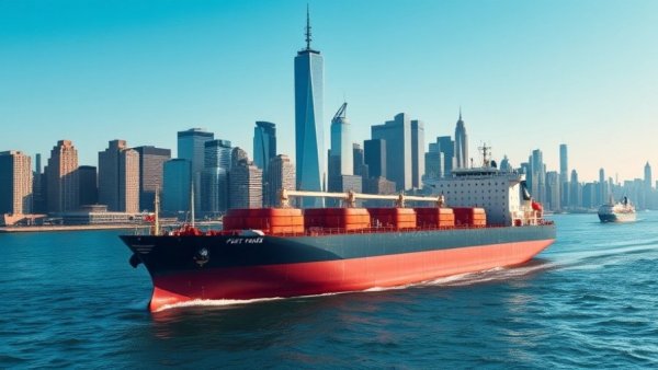 Fuel tanker sailing near NYC skyline, US fuel exports record highs.
