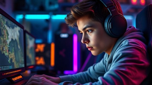 Gamer selecting a map on a vibrant screen with RGB lights.