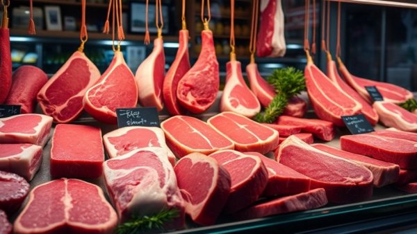 Wide selection of meats displayed in a UK market showcasing meat imports.