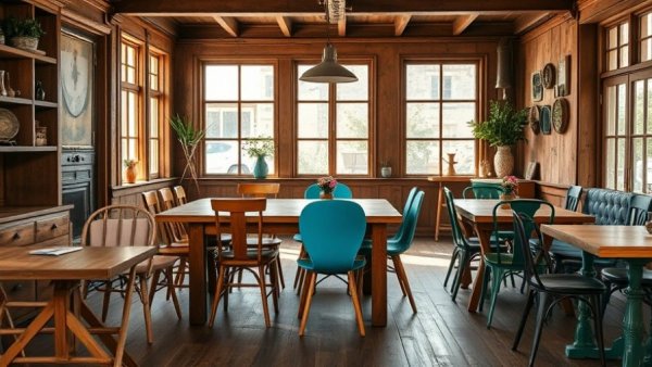 Charming rustic dining room showcasing sustainable home decor with vintage furniture.