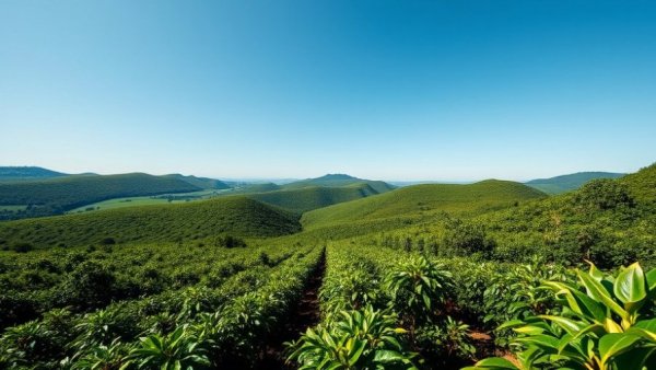Kenyan agricultural landscape showcasing coffee plantation and hills.