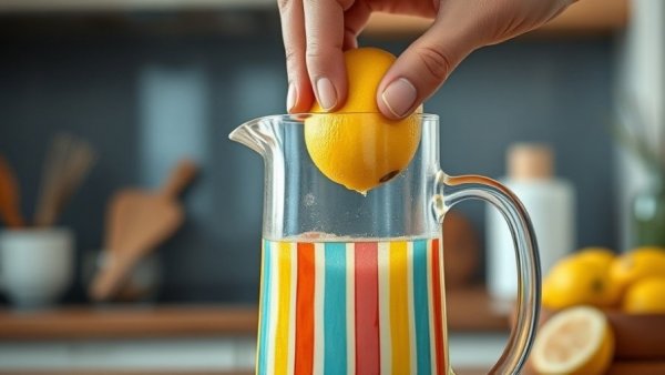 Hudson's Bay pitcher in kitchen with lemon drink being prepared.