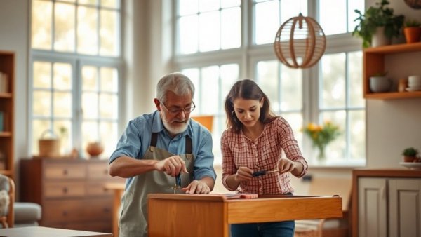 Home renovations for retirement: painting furniture together in a cozy room.