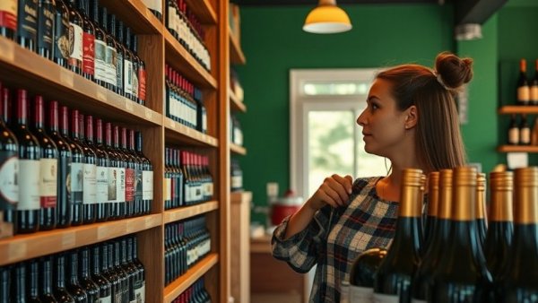 Woman choosing wine in a North Carolina shop supporting small businesses.