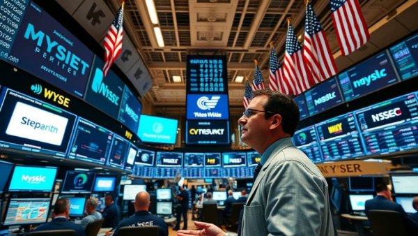 Stock trader at market monitors, highlighting business activity.