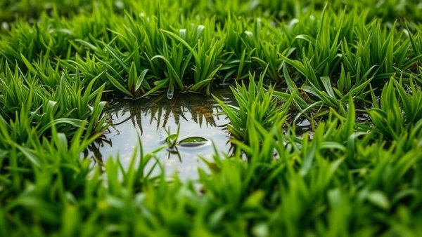 Waterlogged lawn in backyard after heavy rain, showcasing drainage solution needs.