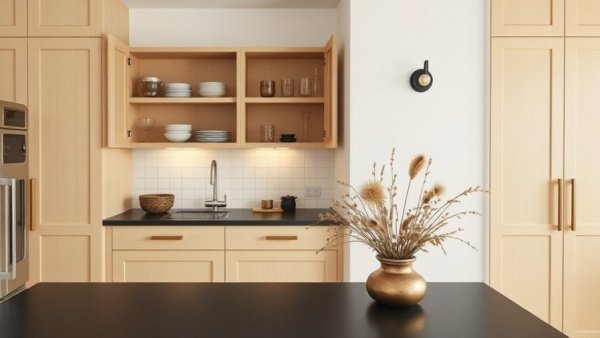 Scandinavian kitchen design with beige cabinets and rustic elements.