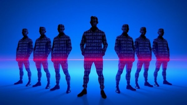 Digital silhouettes representing import export manufacturers with binary code.