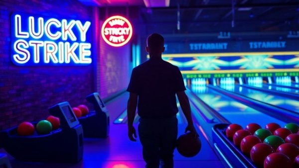 Bowling at Lucky Strike with neon sign in background.