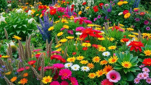 Vibrant garden showcasing diverse flowers and greenery, nontraditional gardening advice.