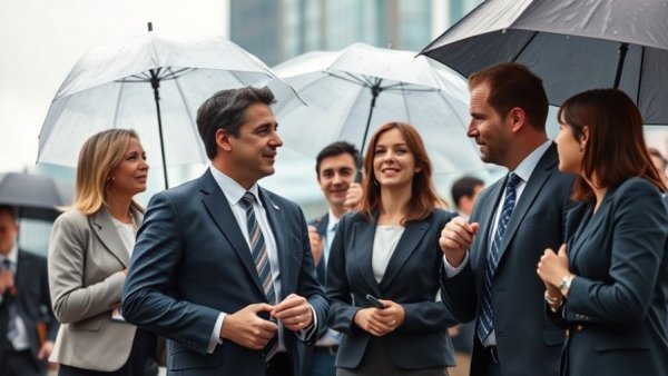 Business professionals in discussion with umbrellas in the rain, buy sell business.