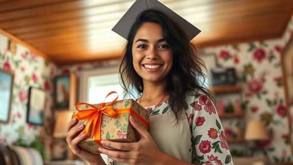 Smiling woman with graduation gifts in cozy room, highlighting graduation gift ideas for apartment renters.