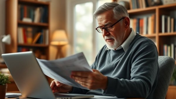 Stressed elderly man examining documents, signs of identity theft concern