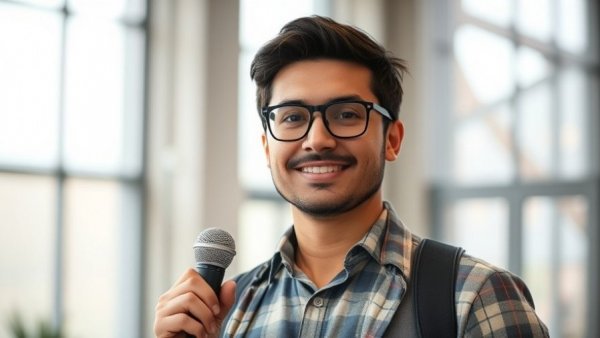 Confident speaker holding a microphone by a large window, buy sell business.