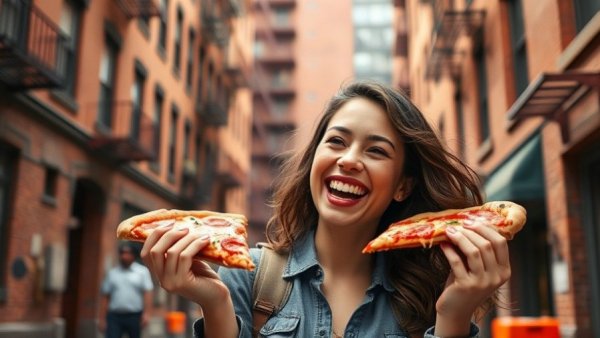 Smiling woman holding pizza in NYC with urban background.