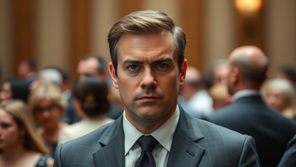 Leadership challenge UK depicted by a serious man in a formal setting.
