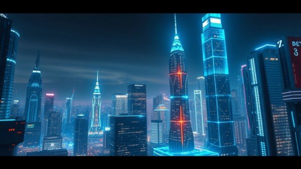 Futuristic cityscape with glowing skyscrapers and digital overlays