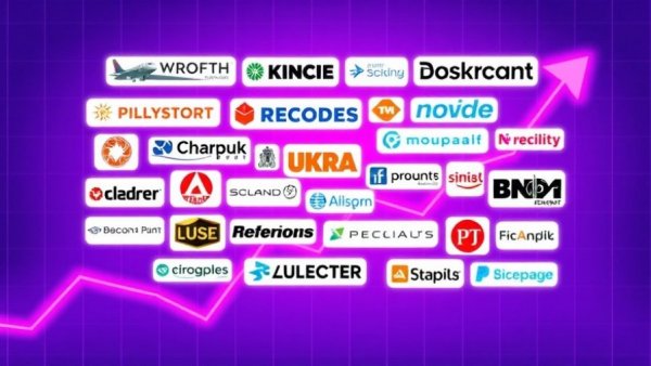 Company logos overlaid on a purple graph indicating rising trends.
