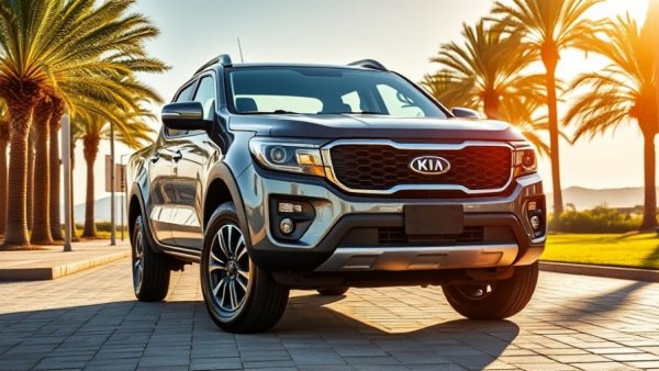 Frontal view of Kia Tasman pickup truck on sunlit pathway