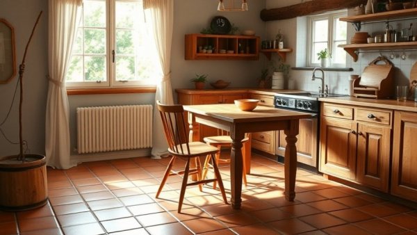 Charming rustic farmhouse kitchen design with wooden furniture and terracotta tiles.