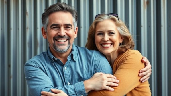 Happy couple embracing in front of a metal wall, showcasing joy and comfort.