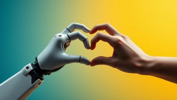 Robotic and human hands forming heart, AI solutions for small businesses.