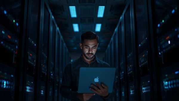 AI data center with few employees, technician checking servers.