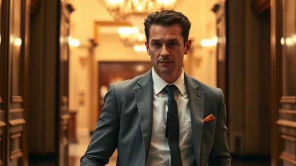Confident leader in a suit exits a building, leadership in business context