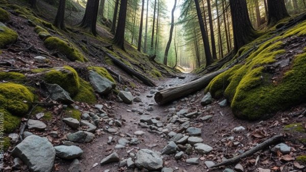 Rocky forest trail on Blue Ridge Parkway after debris cleanup