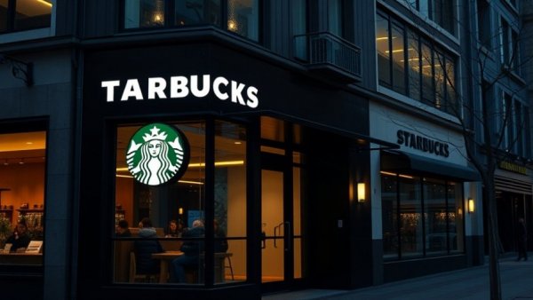 Starbucks storefront with illuminated logo in urban environment.