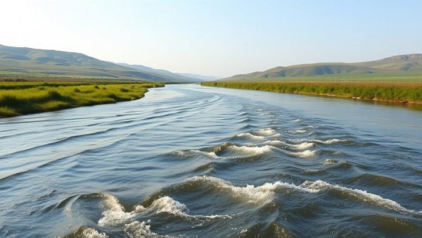 Peaceful river in Mozambique with lush green banks under blue sky.