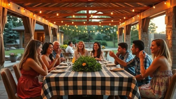 Cozy outdoor graduation party under patio for apartment renters.