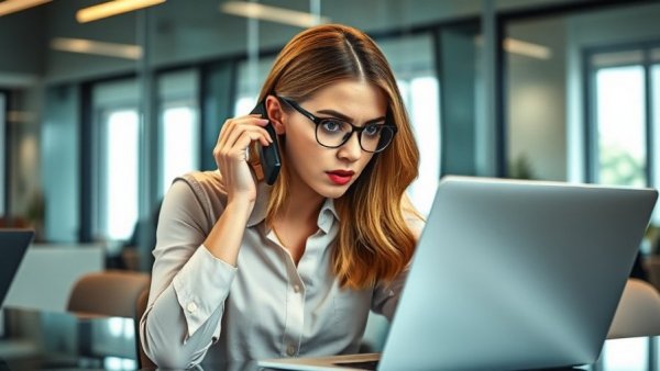 Distressed woman on phone call experiencing salary inequity, office context.