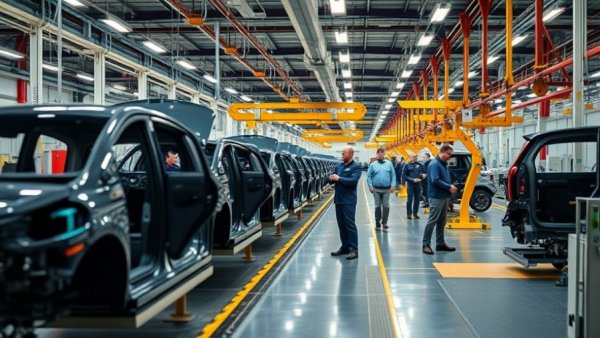 EV manufacturing strategies: efficient assembly line in modern factory.
