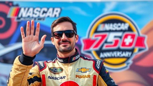 Confident NASCAR champion waving at a racing event backdrop.