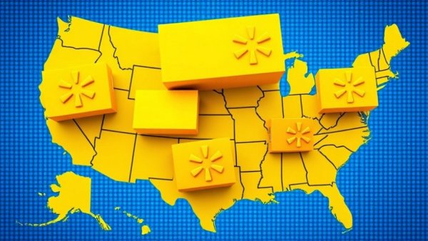 Stylized US map with Walmart logos for delivery expansion.
